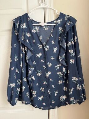 LC Lauren Conrad Blue Floral Cottagecore Ruffle Button Long Sleeve Blouse XL